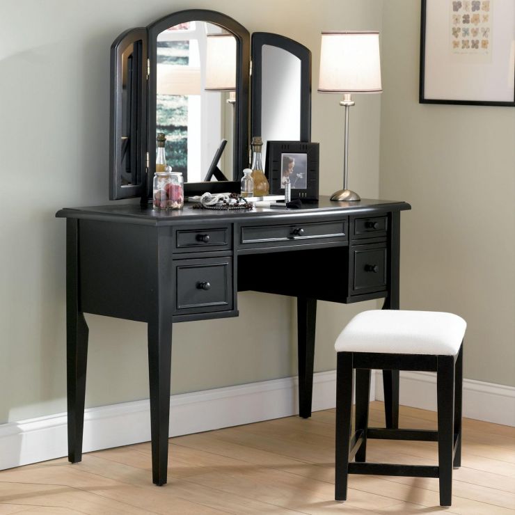 bedroom-furniture-custom-black-stained-teak-wood-dressing-table-having-fold-mirror-and-5-drawers-placed-in-light-gray-bedroom-bedroom-makeup-vanity-ideas
