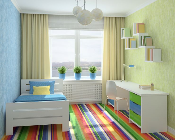 Colorful interior of playroom. 3d render. Photo behind the window was made by me.